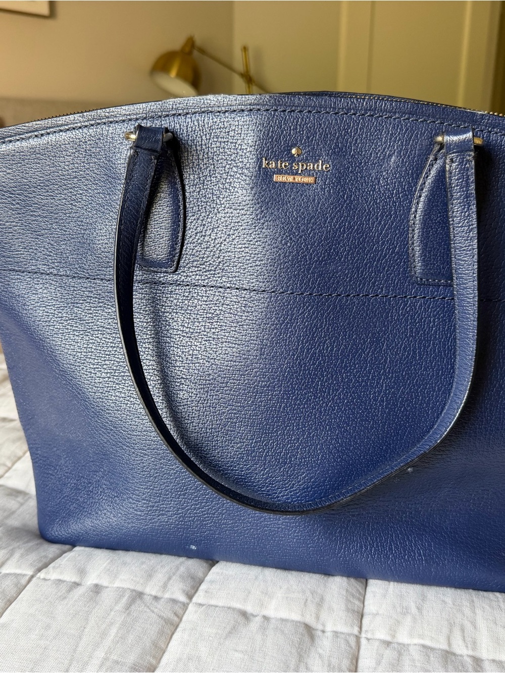 kate spade Navy Blue Textured Leather Tote with Gold Logo